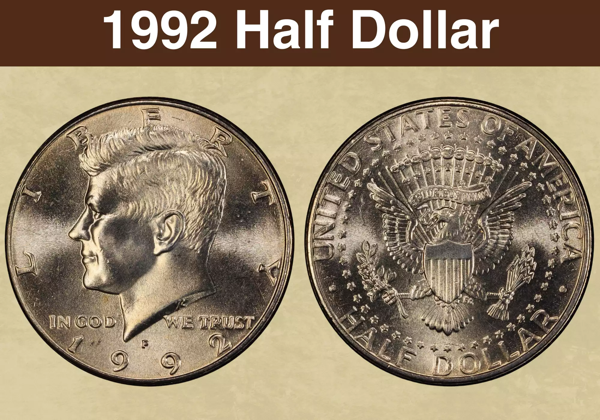 1992 Kennedy half dollar obverse and reverse showing mint mark position near the date