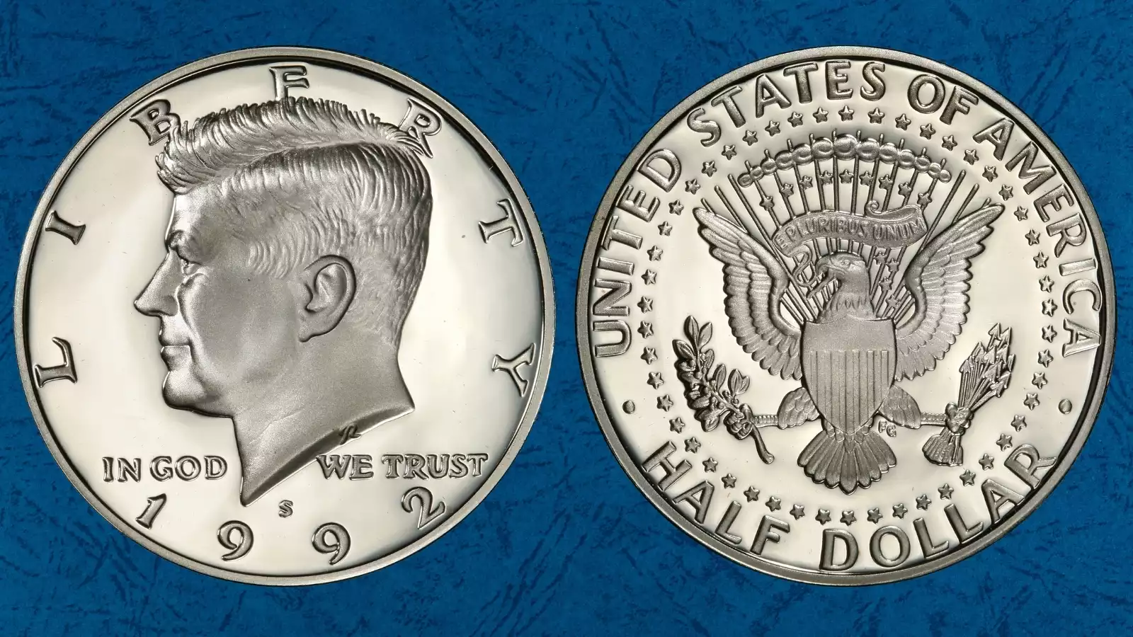 Side-by-side comparison of standard 1992-S Silver Proof Kennedy half dollar versus the DDO FS-101 variety showing doubling on WE TRUST and LIBERTY
