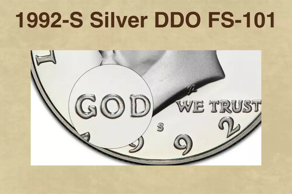 Close-up of 1992-S Silver Proof Kennedy half dollar DDO FS-101 showing counter-clockwise doubling on WE TRUST lettering