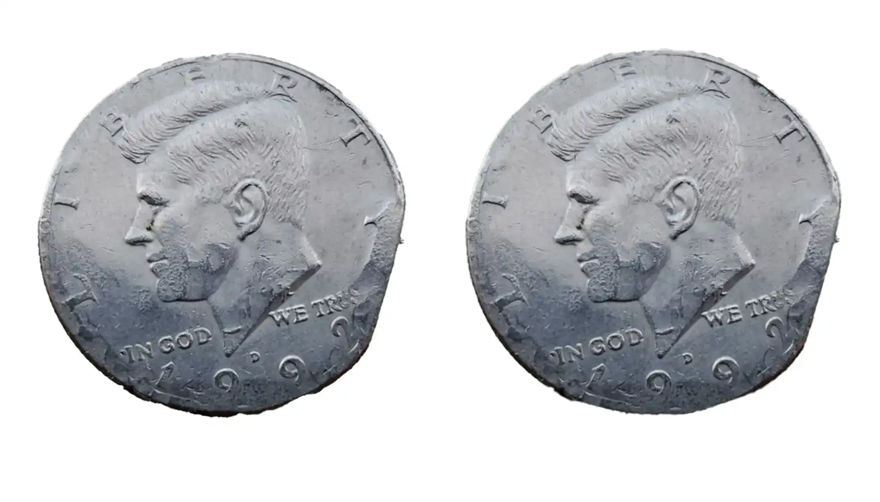1992 Kennedy half dollar clipped planchet error showing curved missing segment at rim and Blakesley Effect weakness on opposite side