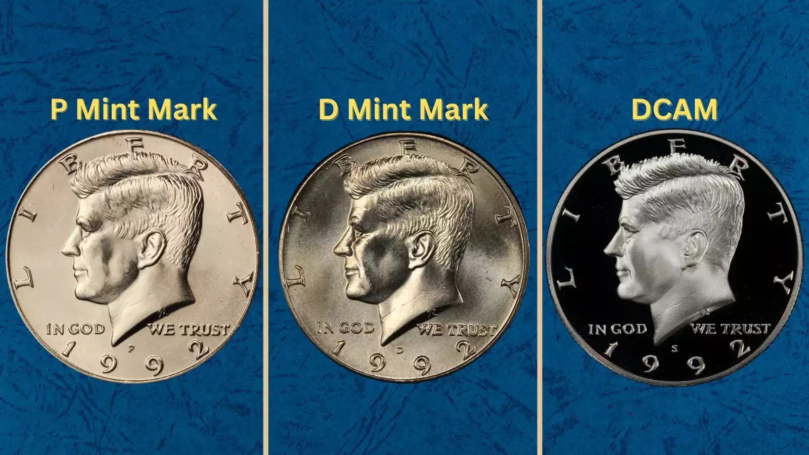 Grading strip showing four 1992 Kennedy half dollars from worn circulated condition through gem uncirculated MS67